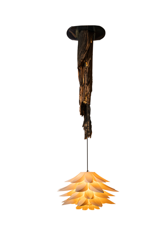 Lotus Light Fixture with Heavy Weathered Hardwood Droplight
