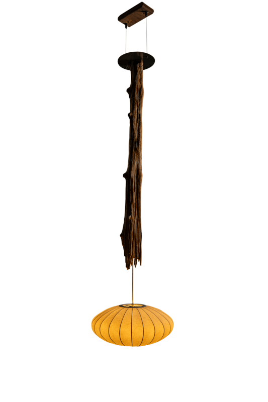 Weathered Hardwood Droplight with Cloth Lampshade
